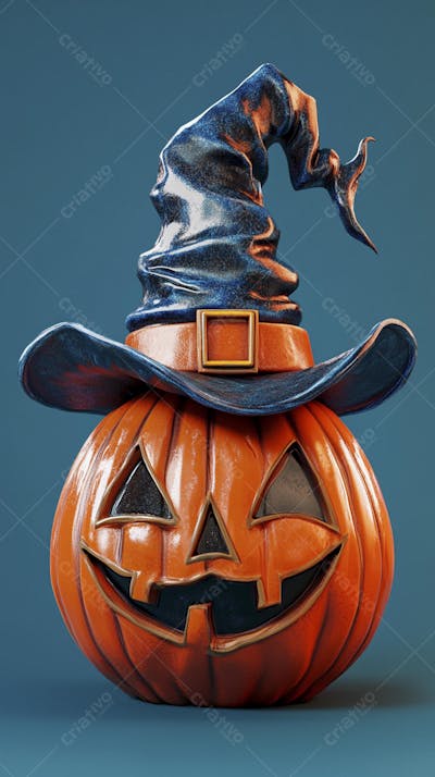 Abóbora de Halloween com Chapéu de Bruxa sobre Fundo Laranja Vibrante com Copy Space