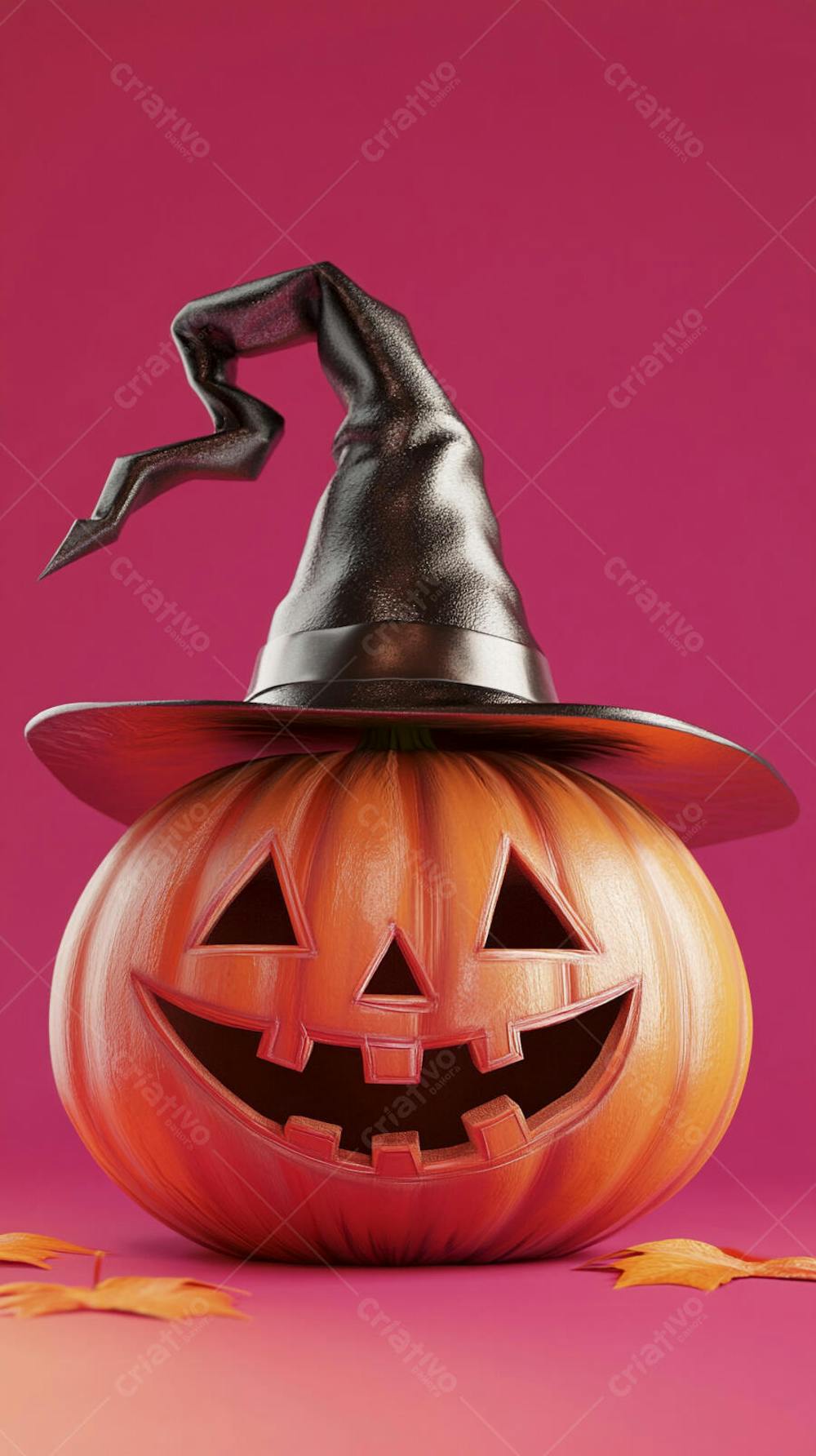 Abóbora de Halloween com Chapéu de Bruxa sobre Fundo Laranja Vibrante com Copy Space
