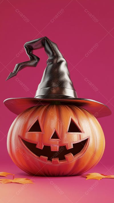 Abóbora de Halloween com Chapéu de Bruxa sobre Fundo Laranja Vibrante com Copy Space