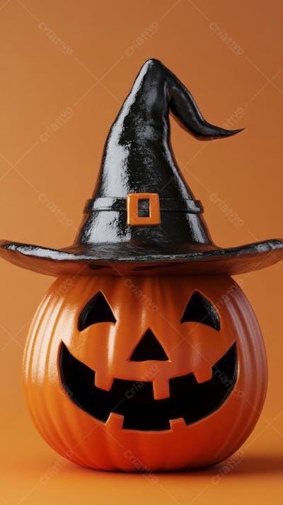 Abóbora de Halloween com Chapéu de Bruxa sobre Fundo Laranja Vibrante com Copy Space