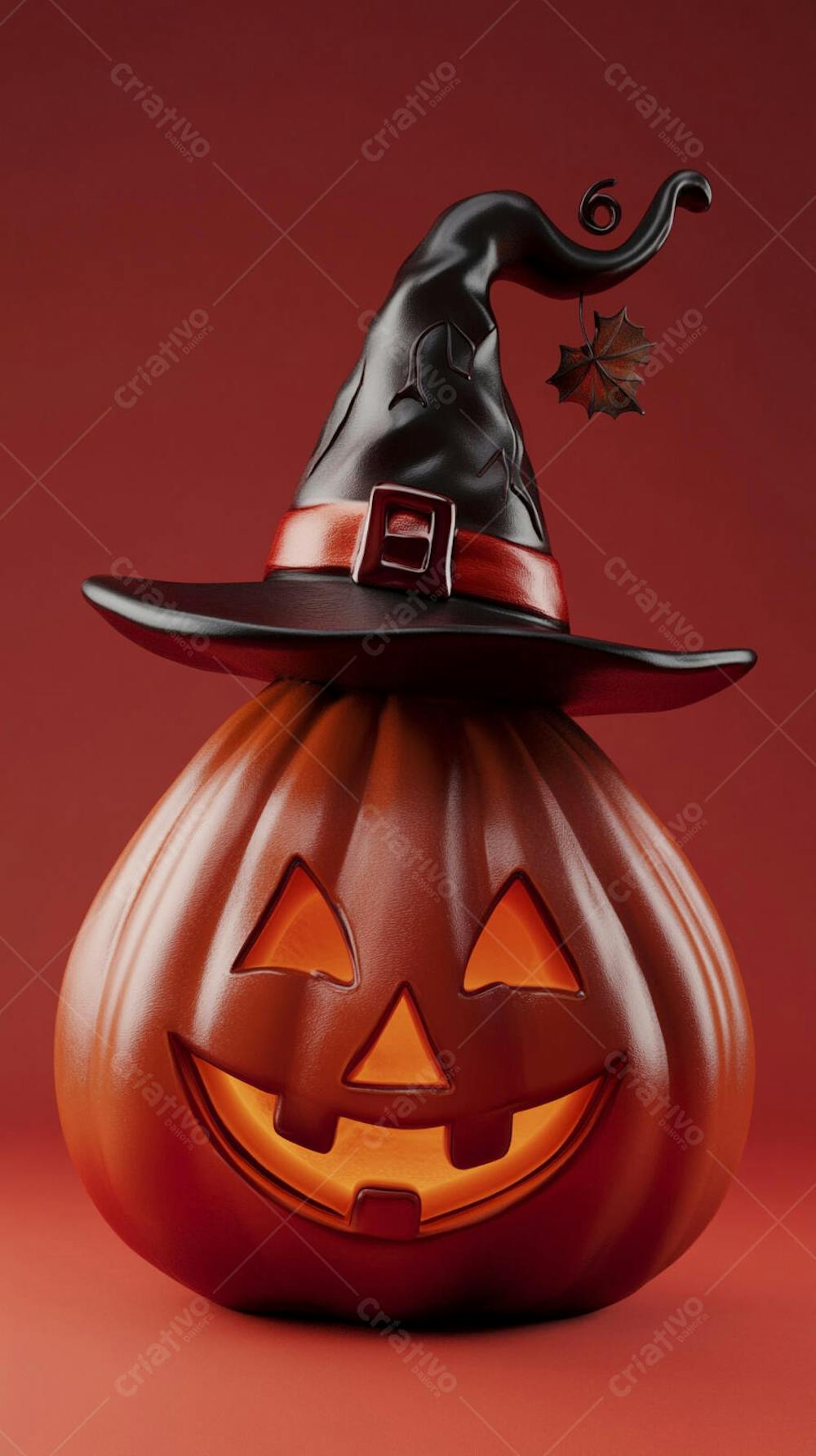 Abóbora de Halloween com Chapéu de Bruxa sobre Fundo Laranja Vibrante com Copy Space