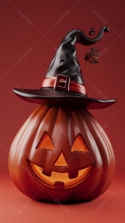 Abóbora de Halloween com Chapéu de Bruxa sobre Fundo Laranja Vibrante com Copy Space