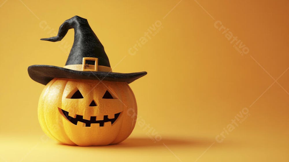 Abóbora de Halloween com Chapéu de Bruxa sobre Fundo Laranja Vibrante com Copy Space