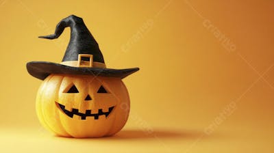 Abóbora de Halloween com Chapéu de Bruxa sobre Fundo Laranja Vibrante com Copy Space