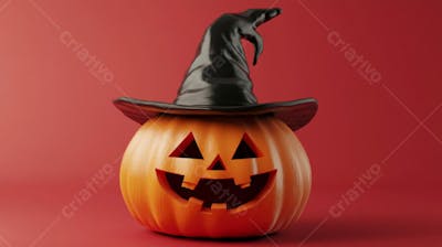 Abóbora de Halloween com Chapéu de Bruxa sobre Fundo Laranja Vibrante com Copy Space