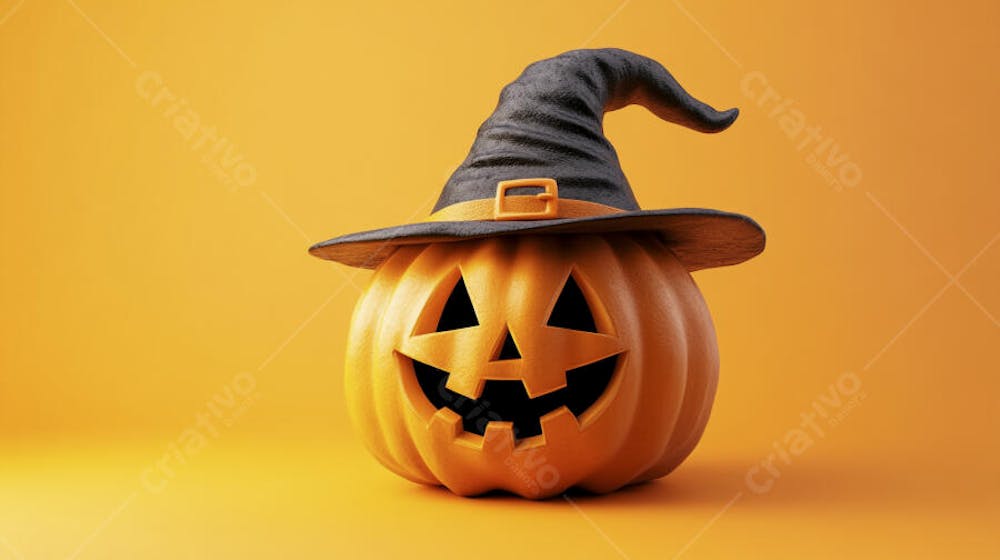 Abóbora de Halloween com Chapéu de Bruxa sobre Fundo Laranja Vibrante com Copy Space