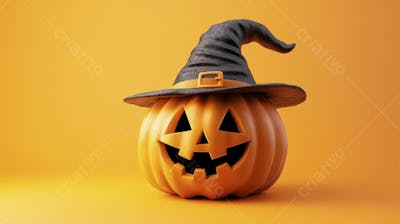 Abóbora de Halloween com Chapéu de Bruxa sobre Fundo Laranja Vibrante com Copy Space