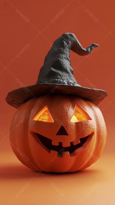 Abóbora de Halloween com Chapéu de Bruxa sobre Fundo Laranja Vibrante com Copy Space