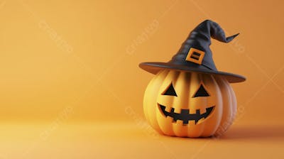 Abóbora de Halloween com Chapéu de Bruxa sobre Fundo Laranja Vibrante com Copy Space