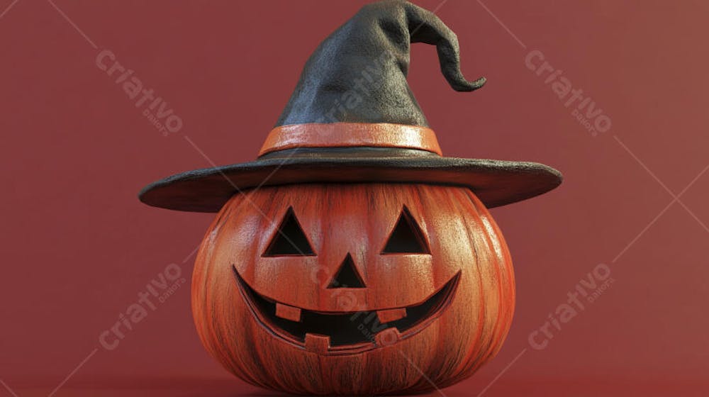 Abóbora de Halloween com Chapéu de Bruxa sobre Fundo Laranja Vibrante com Copy Space