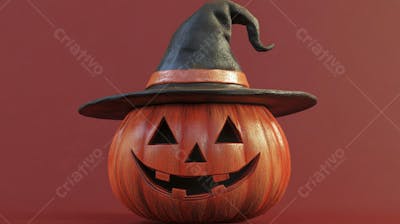 Abóbora de Halloween com Chapéu de Bruxa sobre Fundo Laranja Vibrante com Copy Space