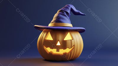 Abóbora de Halloween com Chapéu de Bruxa sobre Fundo Laranja Vibrante com Copy Space