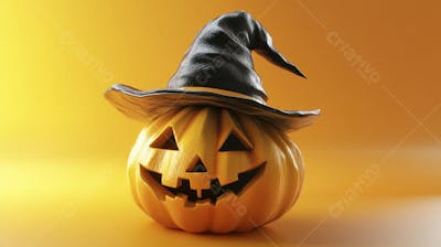 Abóbora de Halloween com Chapéu de Bruxa sobre Fundo Laranja Vibrante com Copy Space