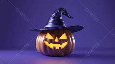 Abóbora de Halloween com Chapéu de Bruxa sobre Fundo Laranja Vibrante com Copy Space