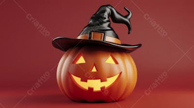 Abóbora de Halloween com Chapéu de Bruxa sobre Fundo Laranja Vibrante com Copy Space
