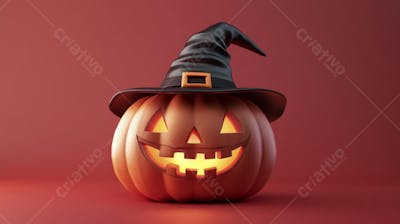 Abóbora de Halloween com Chapéu de Bruxa sobre Fundo Laranja Vibrante com Copy Space