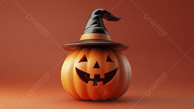 Abóbora de Halloween com Chapéu de Bruxa sobre Fundo Laranja Vibrante com Copy Space