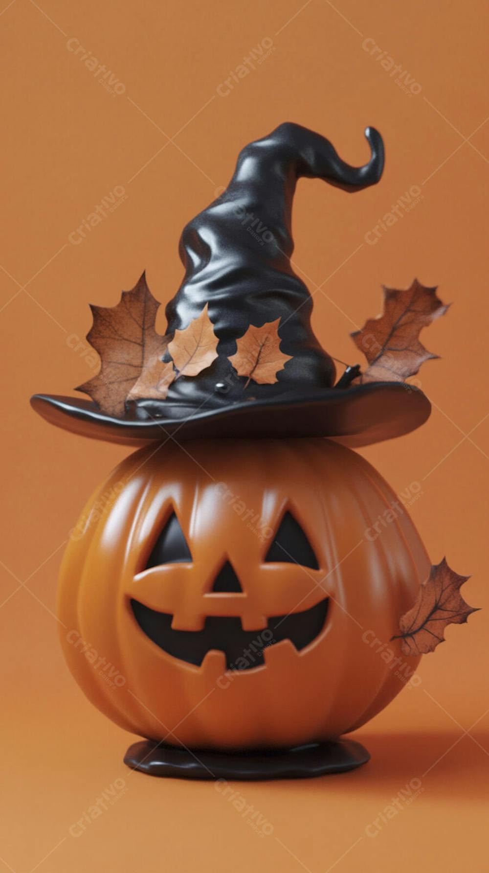 Abóbora de Halloween com Chapéu de Bruxa sobre Fundo Laranja Vibrante com Copy Space
