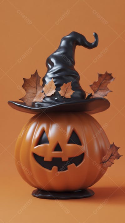 Abóbora de Halloween com Chapéu de Bruxa sobre Fundo Laranja Vibrante com Copy Space