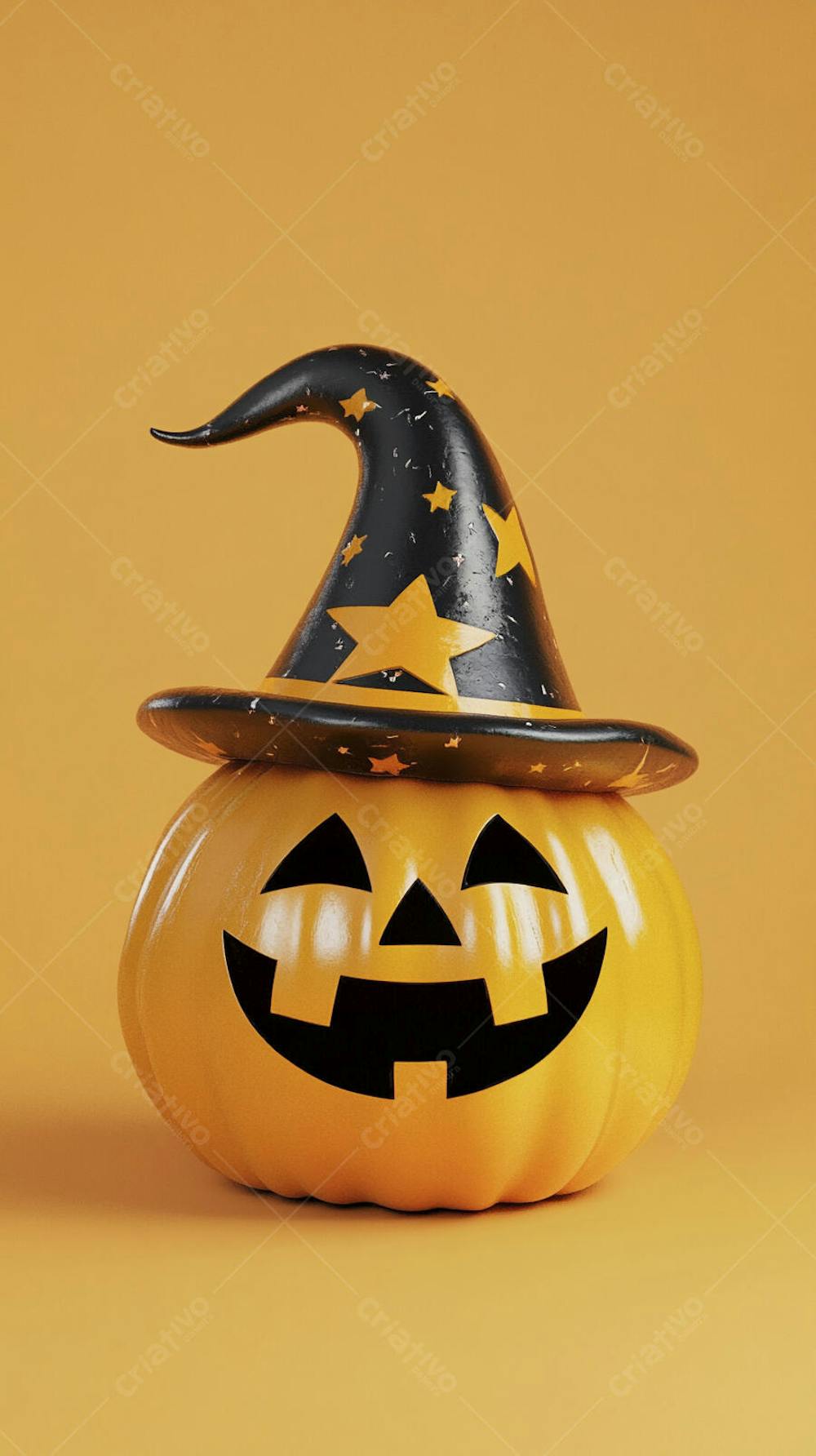 Abóbora de Halloween com Chapéu de Bruxa sobre Fundo Laranja Vibrante com Copy Space