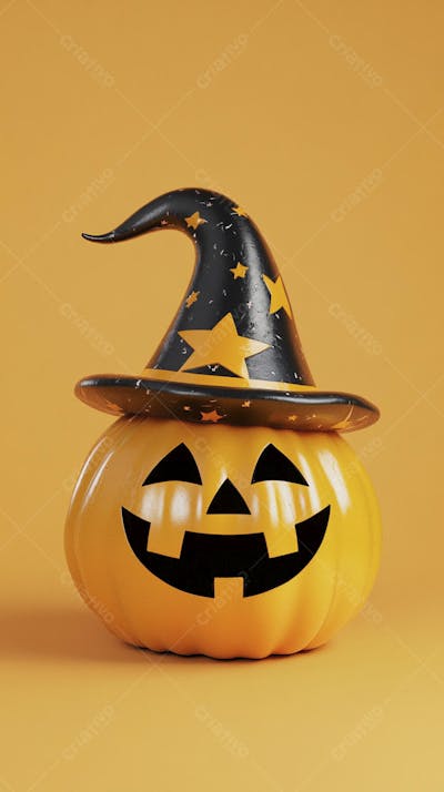 Abóbora de Halloween com Chapéu de Bruxa sobre Fundo Laranja Vibrante com Copy Space