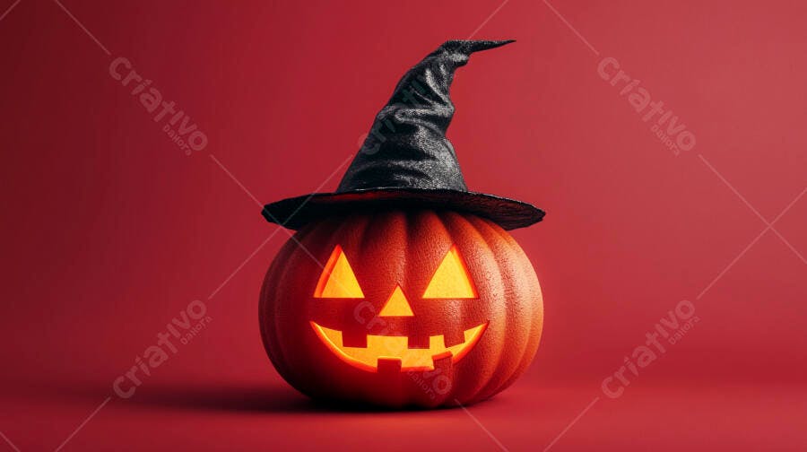 Abóbora iluminada com chapéu de bruxa Halloween