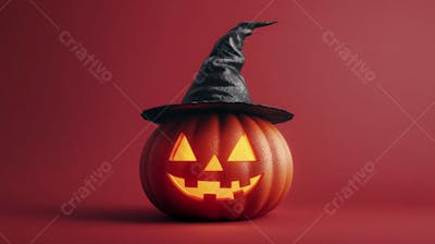 Abóbora de Halloween com Chapéu de Bruxa sobre Fundo Laranja Vibrante com Copy Space