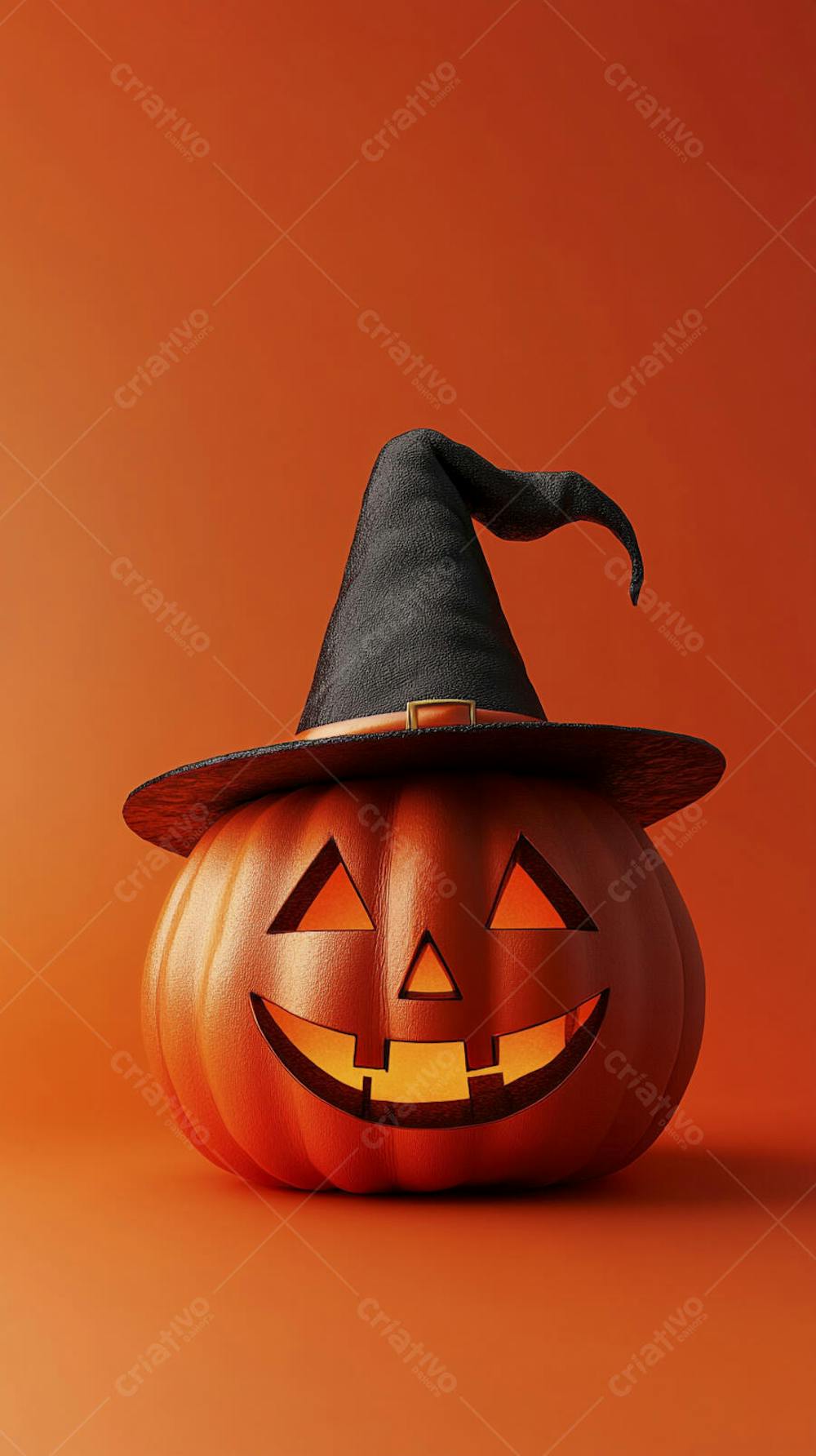 Abóbora de Halloween com Chapéu de Bruxa sobre Fundo Laranja Vibrante com Copy Space