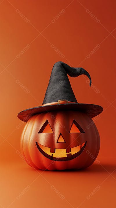 Abóbora de Halloween com Chapéu de Bruxa sobre Fundo Laranja Vibrante com Copy Space