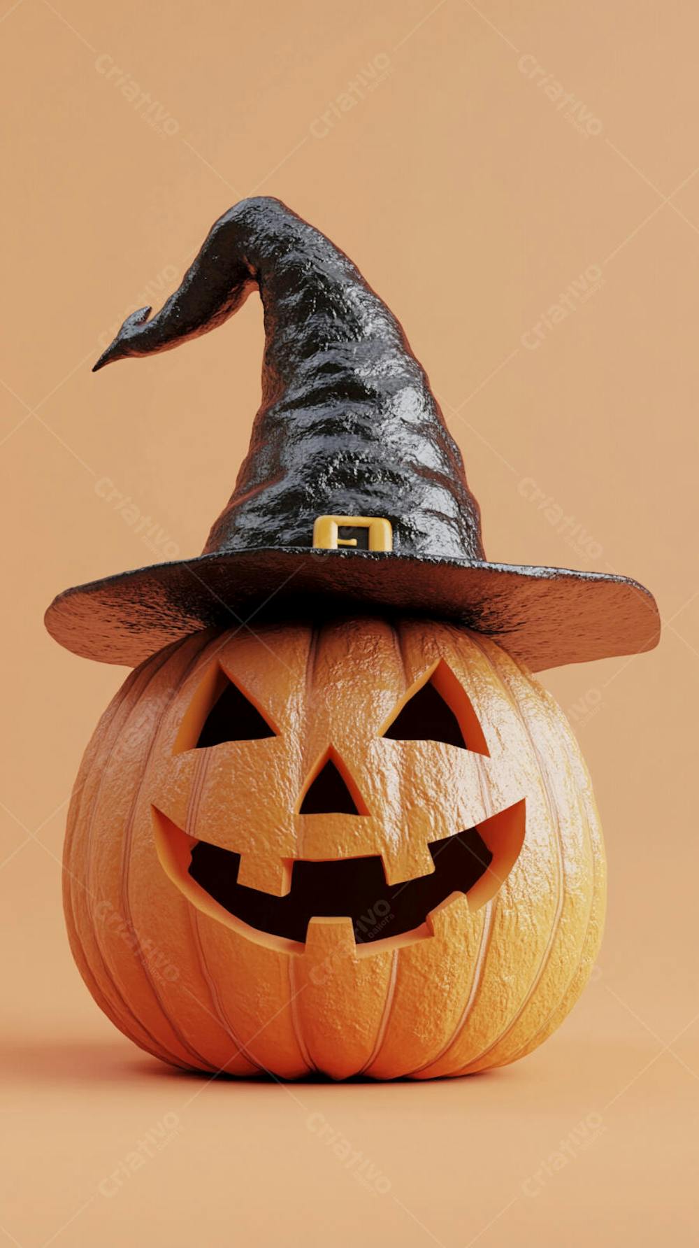 Abóbora de Halloween com Chapéu de Bruxa sobre Fundo Laranja Vibrante com Copy Space