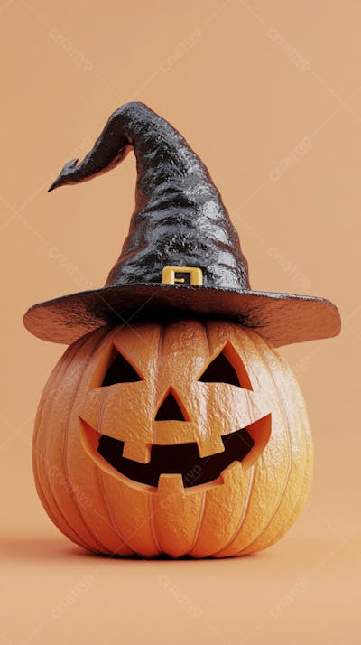 Abóbora de Halloween com Chapéu de Bruxa sobre Fundo Laranja Vibrante com Copy Space