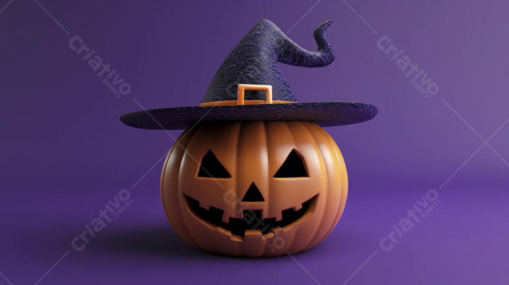 Abóbora de Halloween com Chapéu de Bruxa sobre Fundo Laranja Vibrante com Copy Space