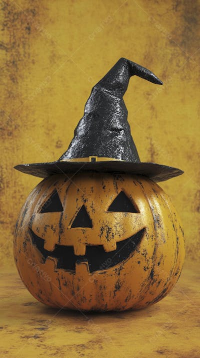 Abóbora de Halloween com Chapéu de Bruxa sobre Fundo Laranja Vibrante com Copy Space