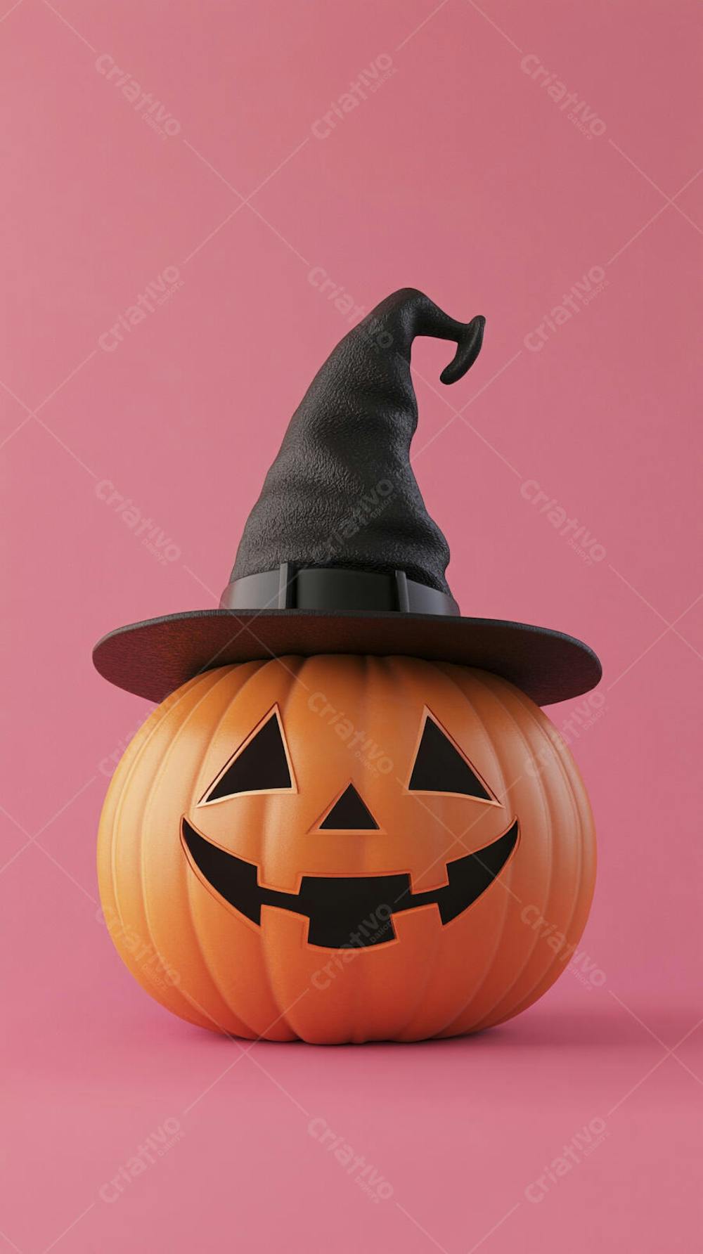 Abóbora de Halloween com Chapéu de Bruxa sobre Fundo Laranja Vibrante com Copy Space