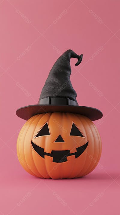 Abóbora de Halloween com Chapéu de Bruxa sobre Fundo Laranja Vibrante com Copy Space