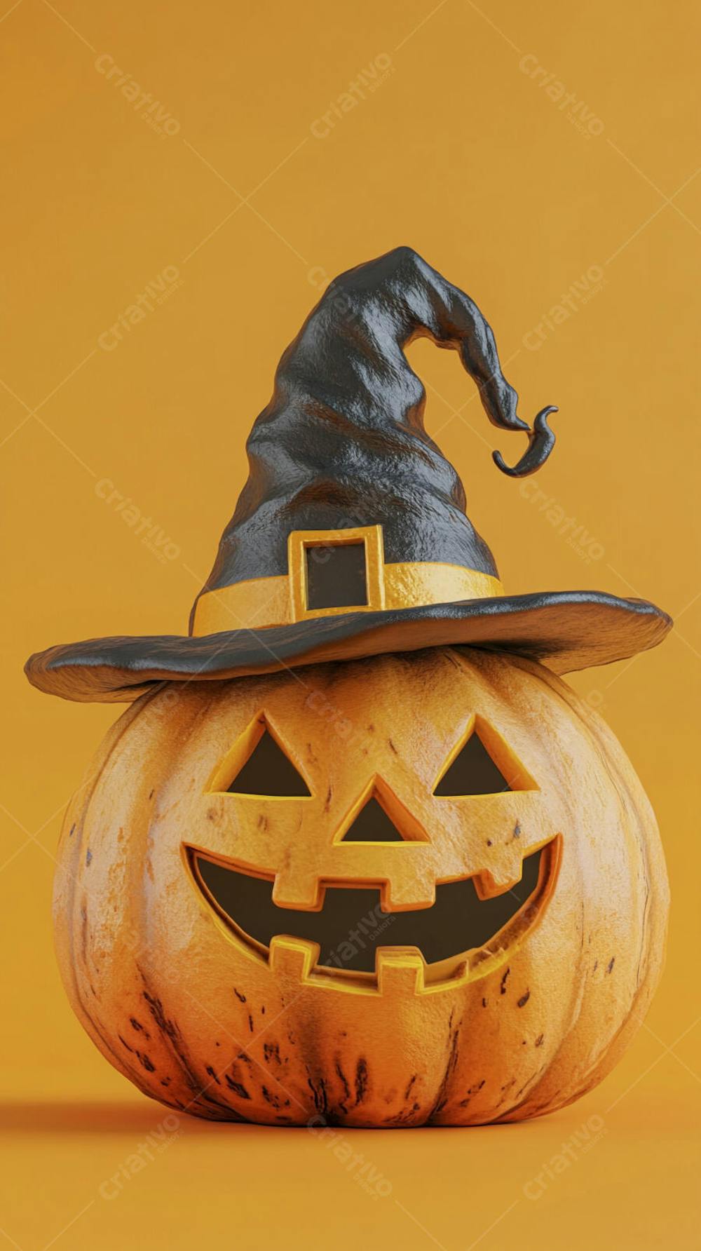 Abóbora de Halloween com Chapéu de Bruxa sobre Fundo Laranja Vibrante com Copy Space