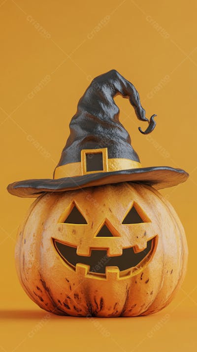 Abóbora de Halloween com Chapéu de Bruxa sobre Fundo Laranja Vibrante com Copy Space