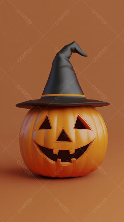 Abóbora de Halloween com Chapéu de Bruxa sobre Fundo Laranja Vibrante com Copy Space