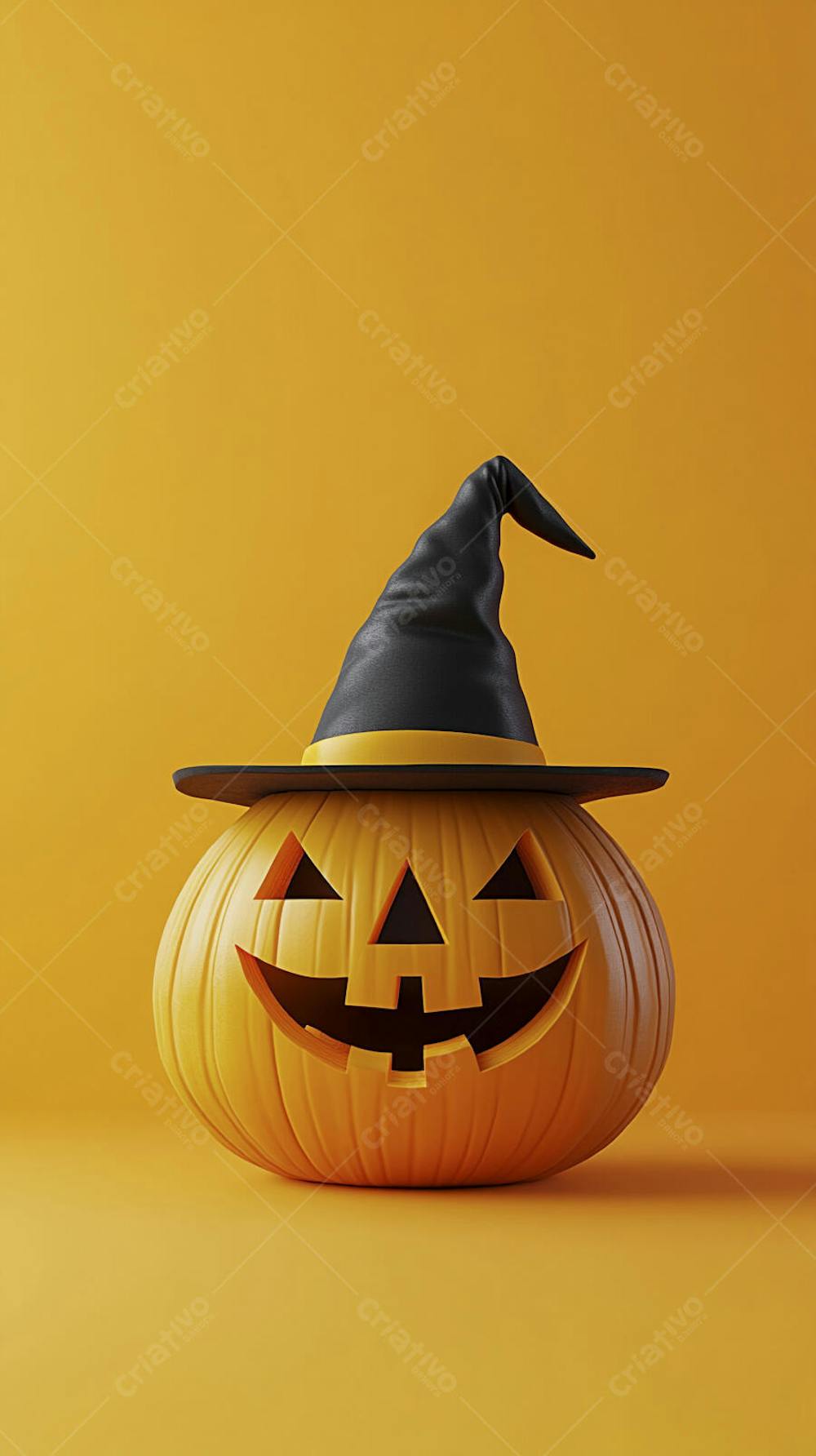 Abóbora de Halloween com Chapéu de Bruxa sobre Fundo Laranja Vibrante com Copy Space
