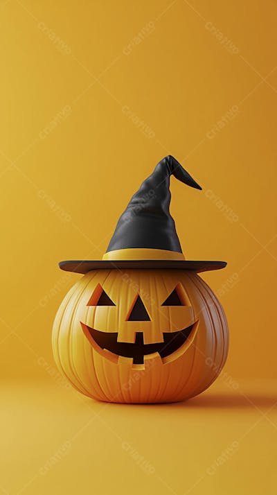 Abóbora de Halloween com Chapéu de Bruxa sobre Fundo Laranja Vibrante com Copy Space