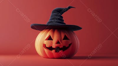 Abóbora de Halloween com Chapéu de Bruxa sobre Fundo Laranja Vibrante com Copy Space