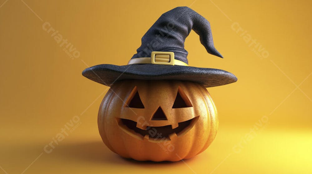 Abóbora de Halloween com Chapéu de Bruxa sobre Fundo Laranja Vibrante com Copy Space