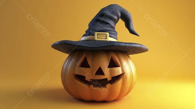 Abóbora de Halloween com Chapéu de Bruxa sobre Fundo Laranja Vibrante com Copy Space