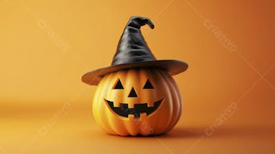 Abóbora de Halloween com Chapéu de Bruxa sobre Fundo Laranja Vibrante com Copy Space