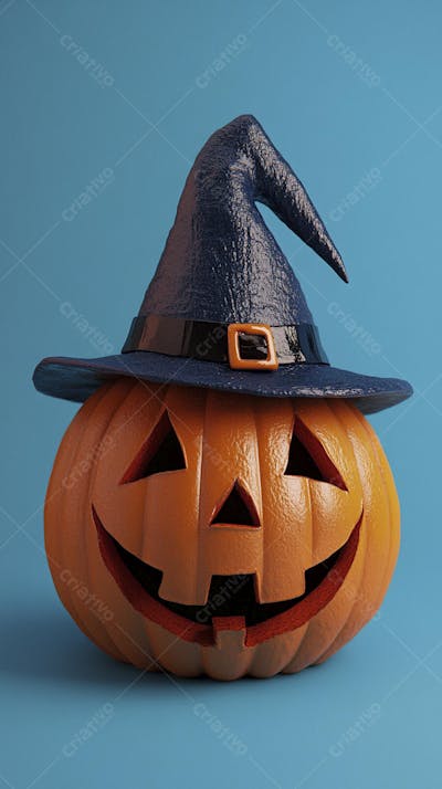Abóbora de Halloween com Chapéu de Bruxa sobre Fundo Laranja Vibrante com Copy Space
