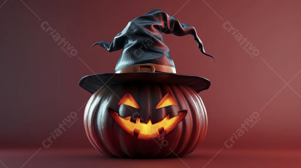 Abóbora de Halloween com Chapéu de Bruxa sobre Fundo Laranja Vibrante com Copy Space