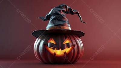 Abóbora de Halloween com Chapéu de Bruxa sobre Fundo Laranja Vibrante com Copy Space