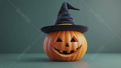 Abóbora de Halloween com Chapéu de Bruxa sobre Fundo Laranja Vibrante com Copy Space