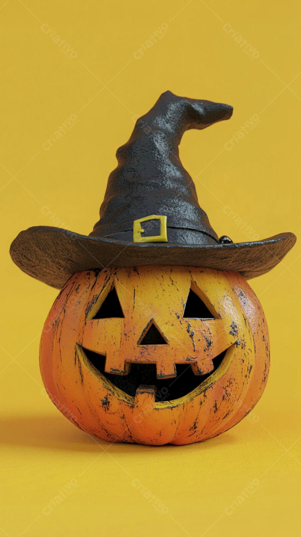 Abóbora de Halloween com Chapéu de Bruxa sobre Fundo Laranja Vibrante com Copy Space