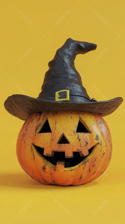 Abóbora de Halloween com Chapéu de Bruxa sobre Fundo Laranja Vibrante com Copy Space
